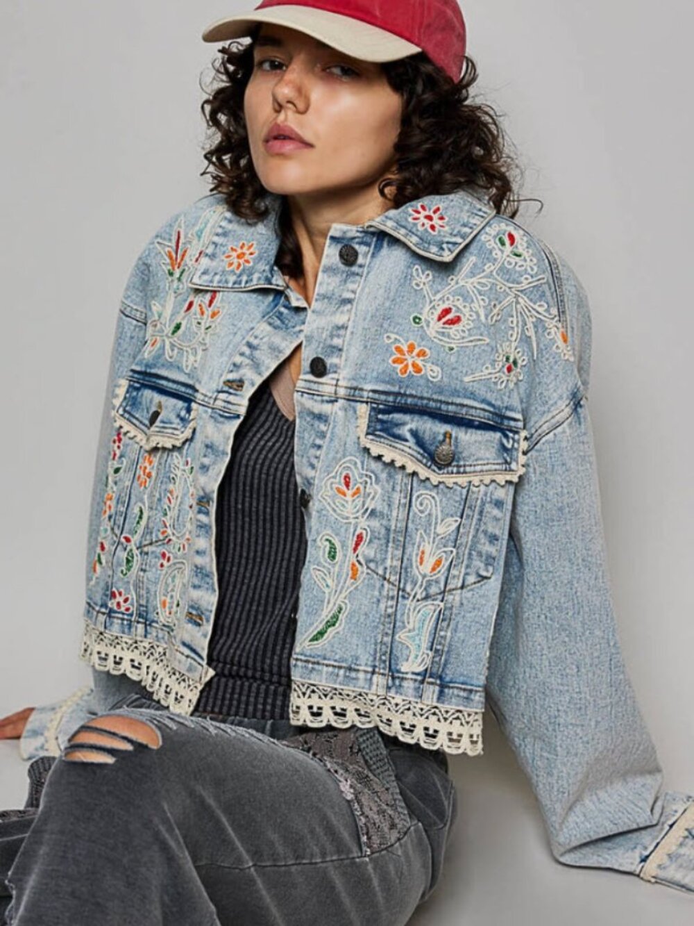 Floral Boho Beaded Embroidered Cropped Denim Jacket